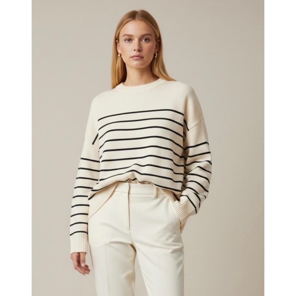 Zara Striped Oversized Knit Sweater Size Medium Cream Navy Blue Nautical Core